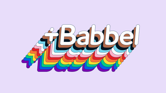 The Babbel pride logo, featuring the Babbel logo in white reflected backwards in the colors of the pride flag and trans flag