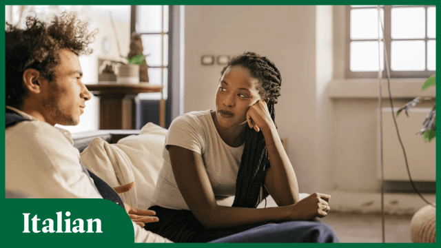 man and woman discussing italian basics on the couch