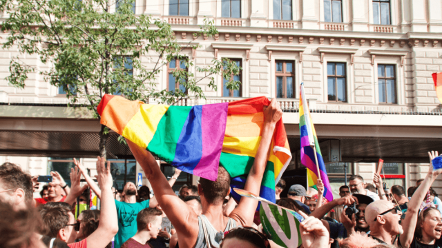 crowd at pride march waving rainbow flags lgbtq terms