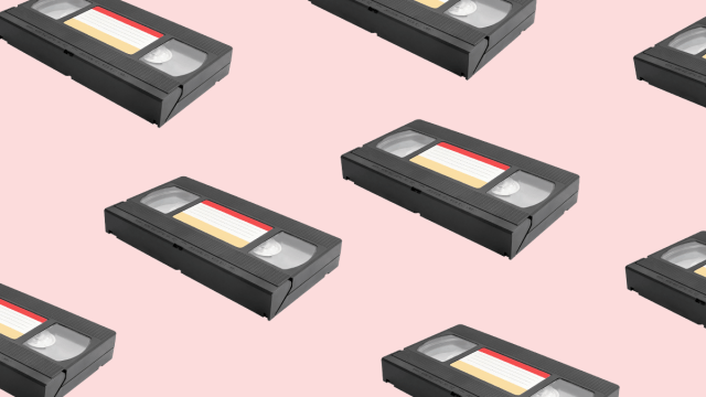 French movies represented by the reproduced image of a VHS tape on top of a light pink background.